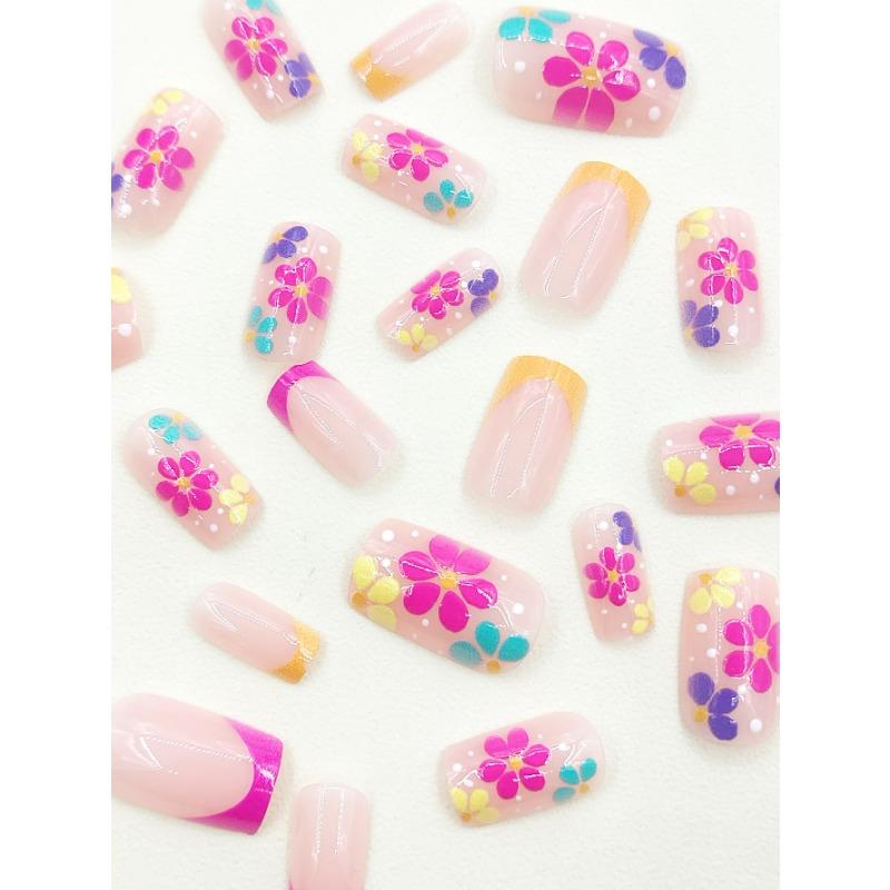 24 Stück Y2K-Stil Lange Quadratische Blumenmuster Falsche Nägel & 1 Stück Nagelfeile & 1 Blatt Klebeband Press-On Nägel Nagelzubehör