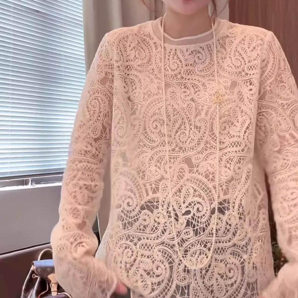 Elegant Crochet Lace Long Sleeve Layering Top for Women - Spring 2026