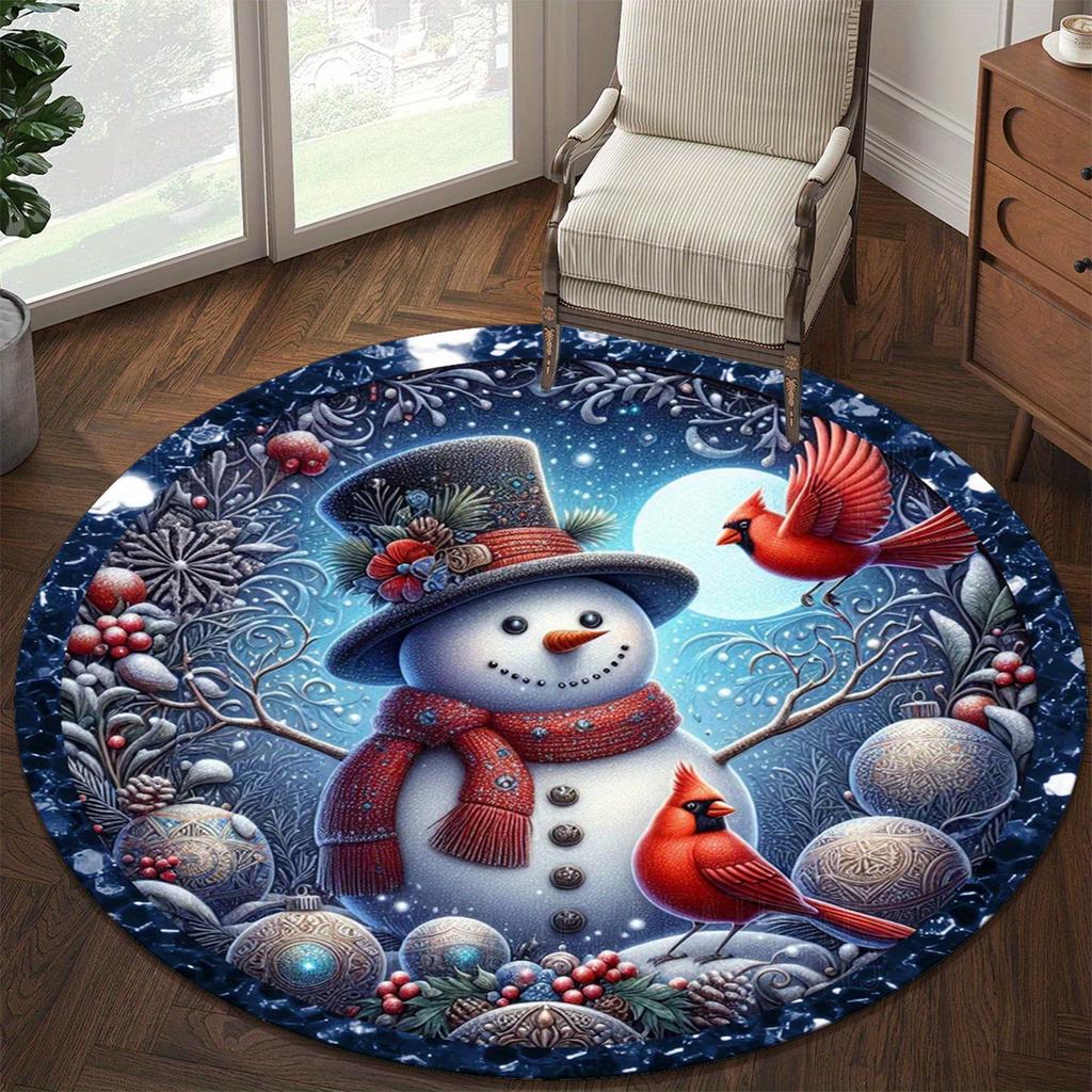 Red Bird Snowman Winter Round Rug Non Slip Washable Mat For Bedroom Kitchen Living Room Dining Room Office Home Decor