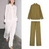Linen Blend Long Sleeves Lapel Shirt 4786090 Linen Blend Wide Leg Mid Waist Casual Pants 4786091