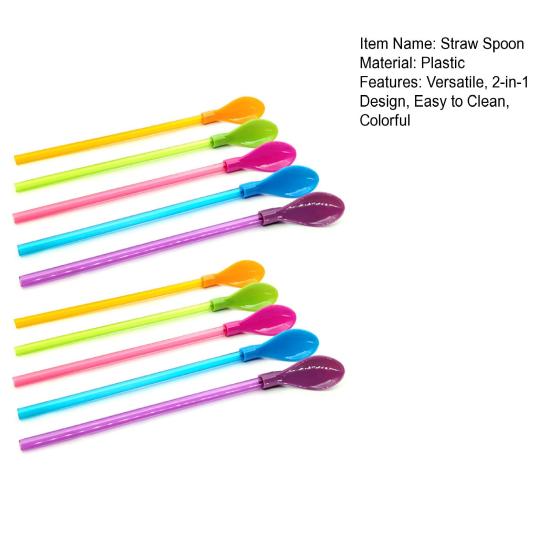 10Pcs 2 In 1 Straw Spoons Reusable Cocktail Straws for Milkshakes Smoothies Spoon Removable Pureed Fruit Straw Spoon for Thick Drinks Coffee Ice Cream