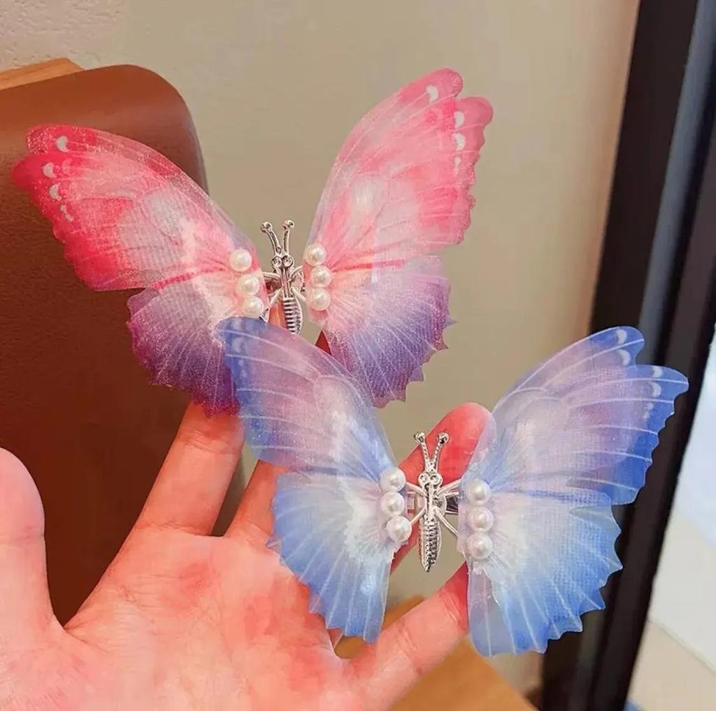 2Pcs Butterfly Girls Hairpin Moving New Gradient Hair Clip Three-Dimensional Barrettes Pearl Pet Hair Accessories