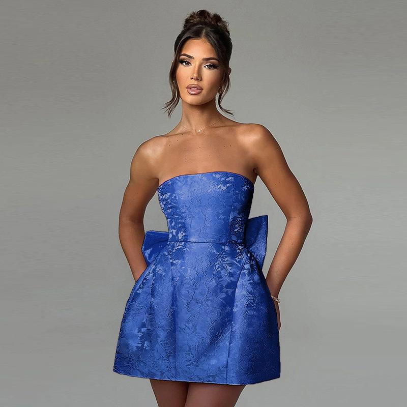 

Summer New, Fashionable Temperament, Sexy Jacquard Tube Top Bow Dress for Women XS темно-синий