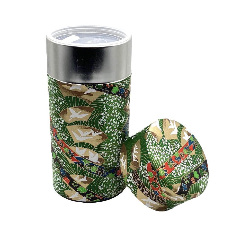 Noguchi Kumataro Teegarten Tee Große Kapazität Yuzen Washi-Papier mit innerem Fächer und Kranich Hergestellt in Stilvollem Caddy, 200g, Deckel, Design, Grün, Japan,