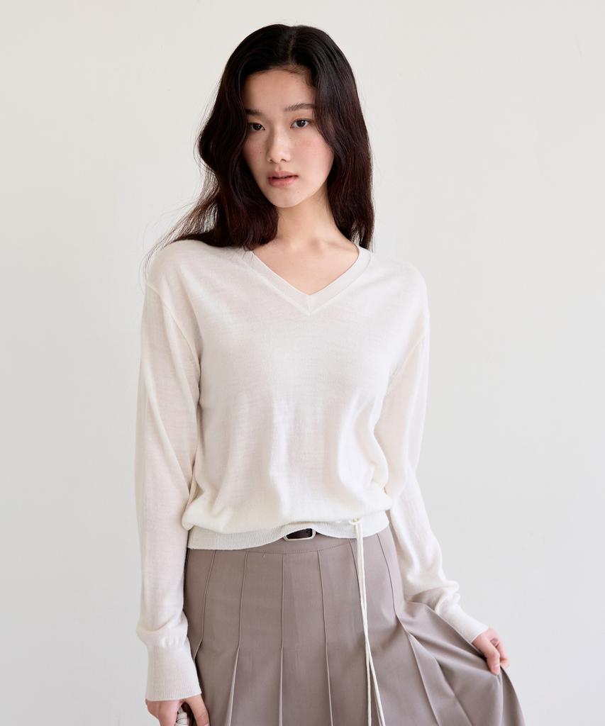 THEELO Strap Detail V-Neck Knit Top (Ivory)