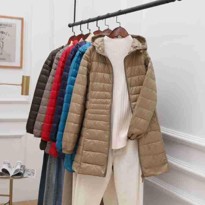Women's Mid-Length Hooded Lightweight Down Jacket - Slimming Thin Plus Size Coat for Autumn/Winter 2023