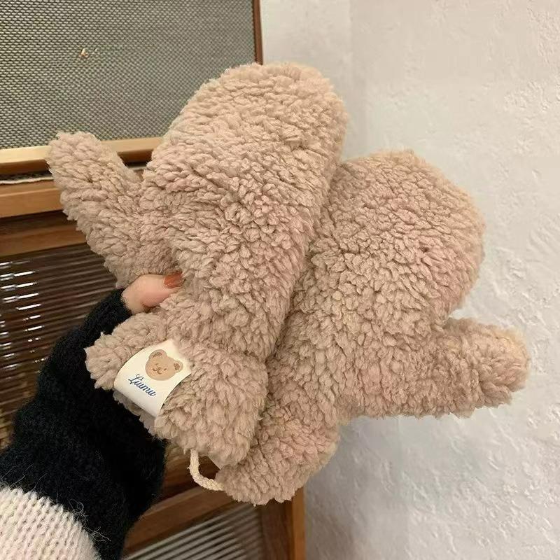 Winter Lamb Fleece Bear Patch Gloves for Women with Neck Strap, Cute for Students, Warm and Cold-proof for Winter Cycling