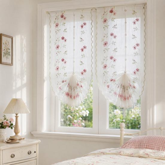 Lace Partition Curtain Lift-Type Design Daisy Embroidery Fluffy Arc Curtain Adjustable Height Partition