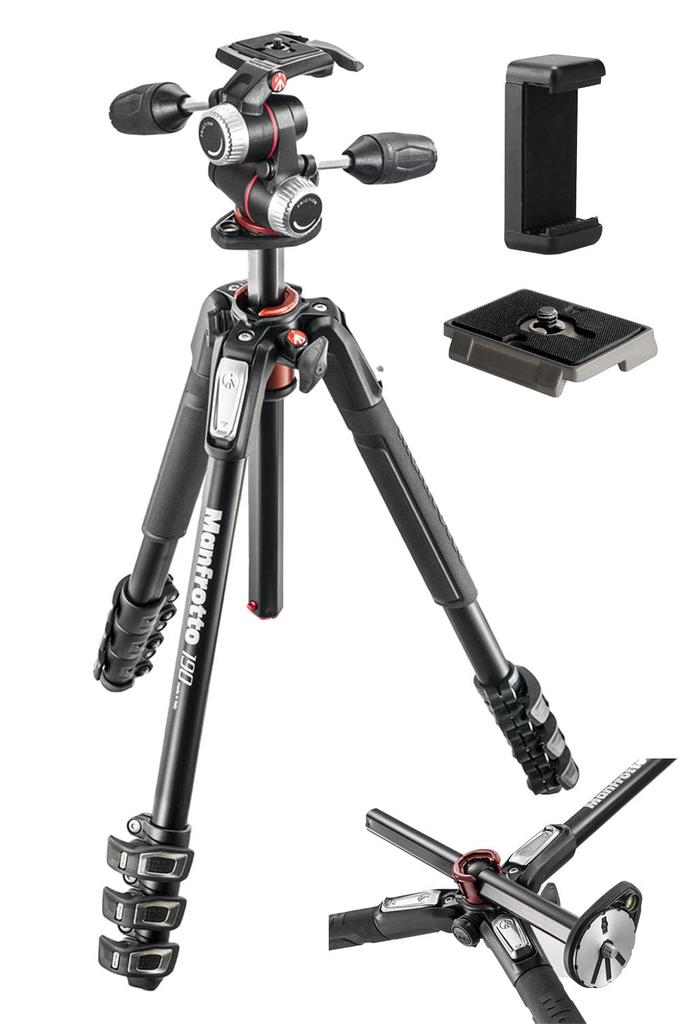 Manfrotto 190 Pro Aluminum Tripod Head Kit Maximum 173cm Storage Height 62cm Weight Load Capacity 12kg Smartphone Clamp Included JP A00018BMN