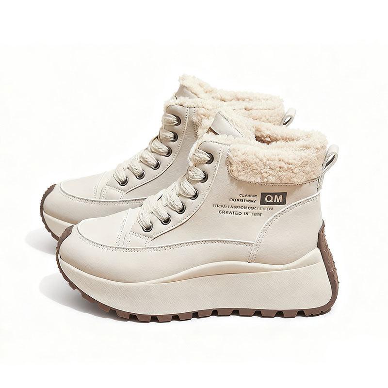Pantofi cu talpă groasă cu gleznă înaltă pentru femei, cizme de zăpadă groase cu lână, pantofi noi de iarnă din bumbac pufos, pantofi sport calzi și cu talpă înaltă