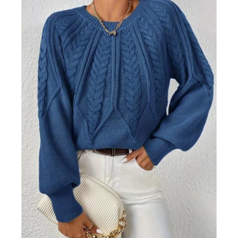 Womens Crew Neck Long Sleeve Knit Sweater Loose Fit Cable Solid Color Casual Winter Basic Top