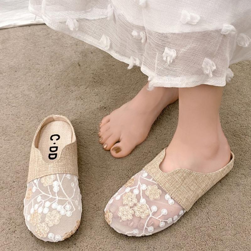 Fashion Breathable Mesh Linen Slippers For Women Summer Flat Shoes Anti-slip Female Indoor Outdoor Slides Office Lady Walking Sandals