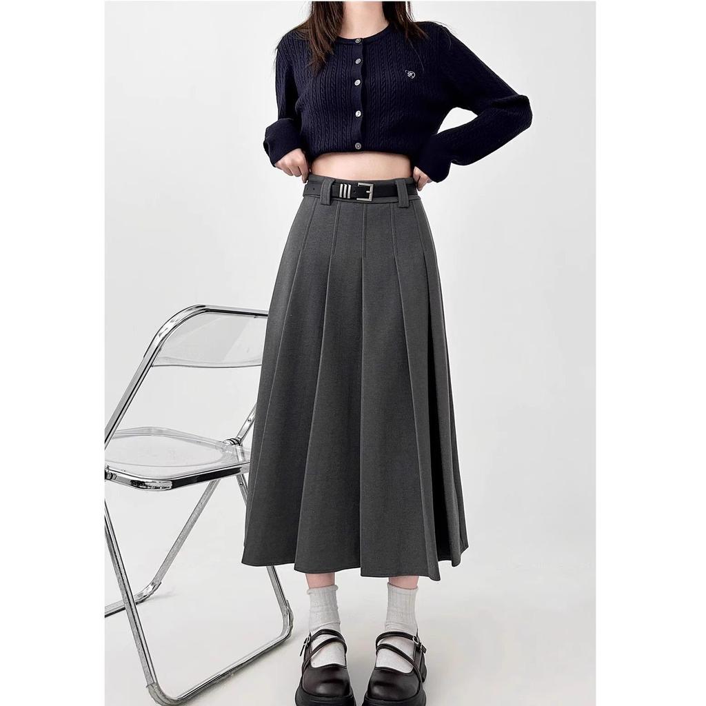 Gray Woolen Pleated Midi Skirt for Plus-Size Women - High-Waist Autumn Design
