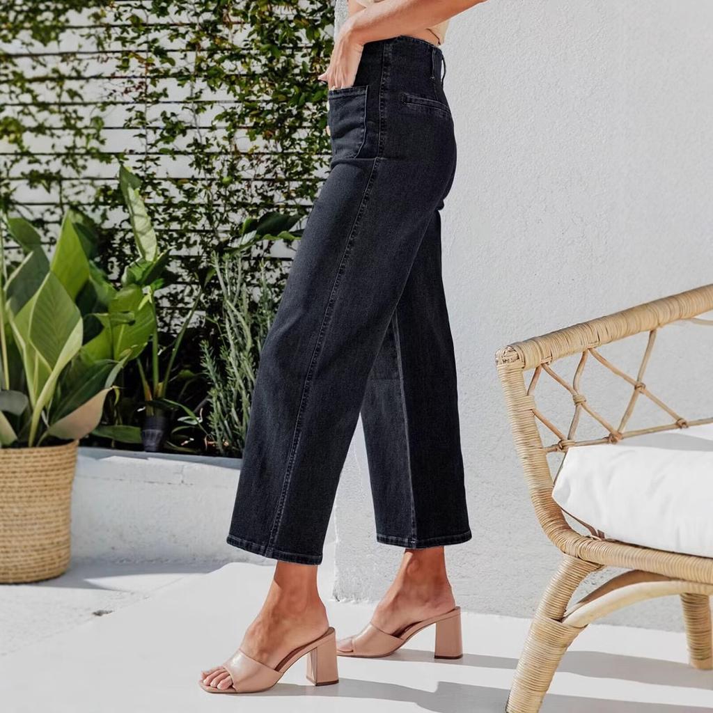 Retro Straight-leg Jeans, Elastic Slim-fit, Elegant Style, Cross-border Button Denim Trousers