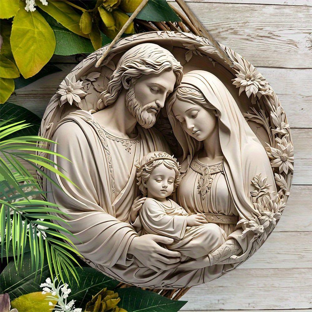 Holy Family Round Wooden Hanging Sign, 2D Flat Wooden Religious Wall Decor, Christian Faith Home Ornament