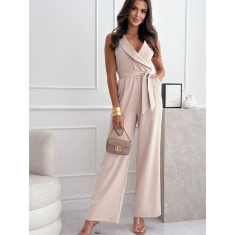 Fashion Fashion Commuter Ol Pure Color Deep V-neck Lace up Waist Trimming Casual Sleeveless Jumpsuit Pants Women Jumpsuit