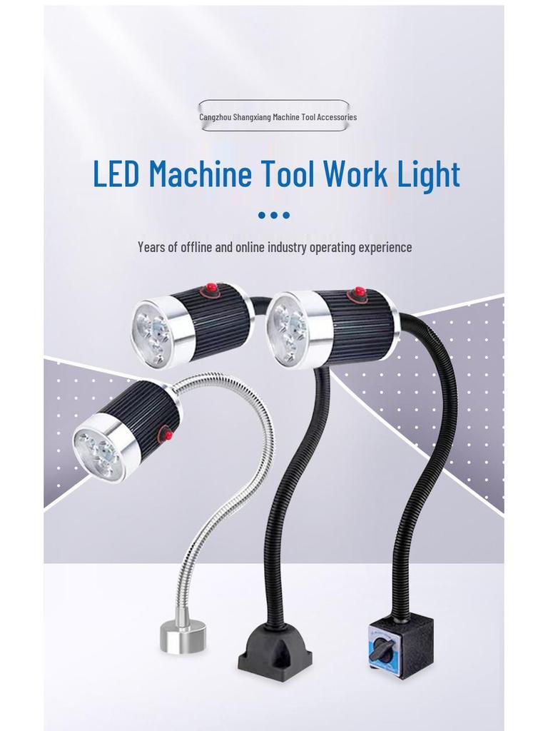 LED Machine Tool Work Light with Flexible Hose and Magnetic Square Base for Lathe and Sewing.