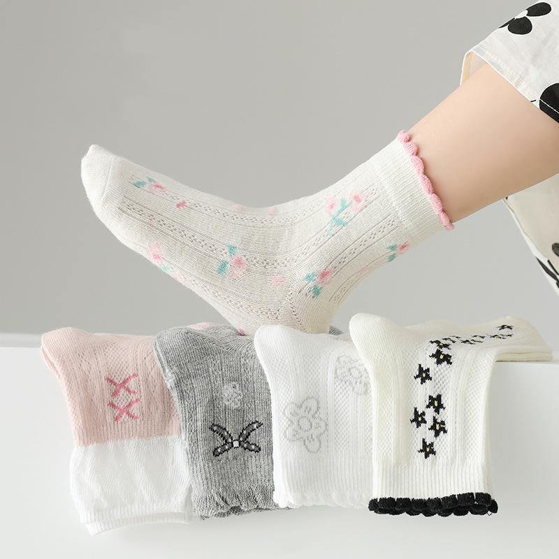 5Pairs/Set Children Girls Mesh Socks Breathable Soft Comfortable Cute Lace Cartoon Thin Daily Walking Wear Baby Socks Summer