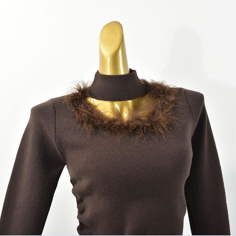 Halterneck Furry Patchwork Sweater Women's Autumn and Winter Inner Wear Fancy Elegant Silm Slimming Knitted Bottoming Shirt Tops