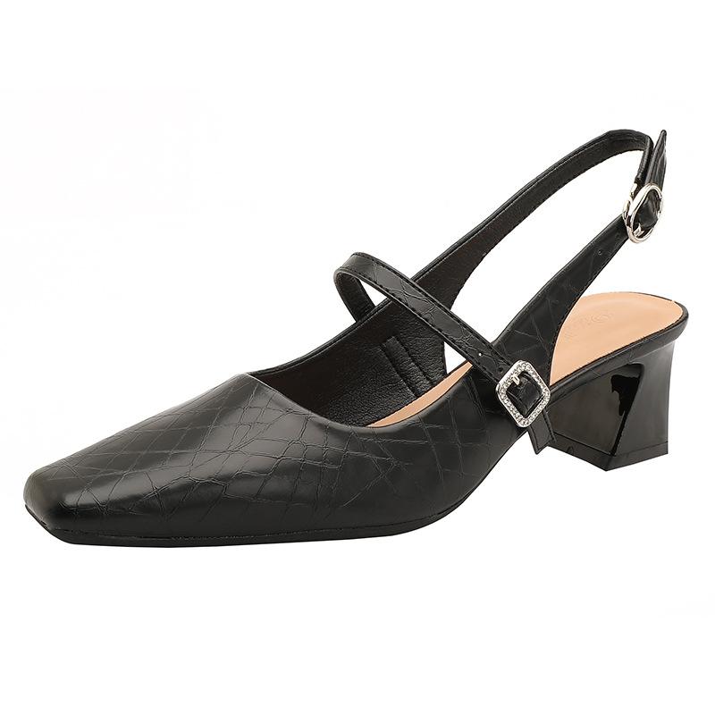 French Mary Jane Shoes High Heels Bag Head Sandals Women's Thick Heels Empty Shoes Summer Silver One-word Buckle with High Heels