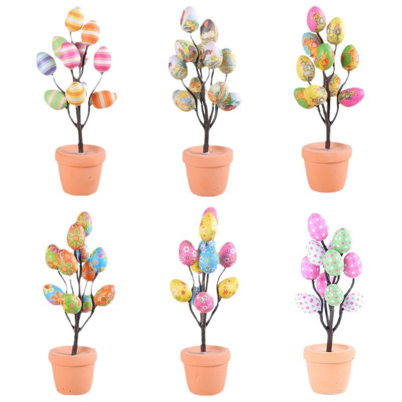 2025 Easter Fake Egg Plant Pot Cartoon Printed Eggs Easter Desktop Decor Ornament Easter Party Decoration Home Festival Decor
