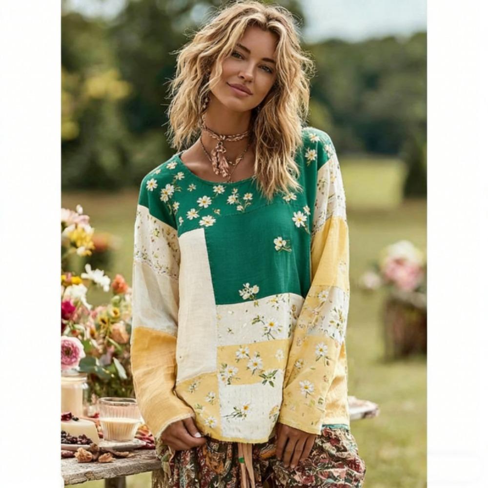 Bohemian Style Fashion Splicing Colors Women's T-shirt Pullover Europe America Women Long Sleeve Clothing Outdoor Casual Tees Top