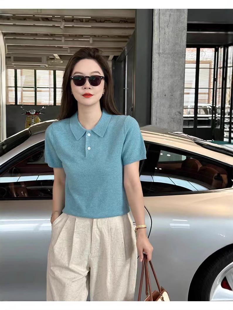 

Women s Merino Wool Polo Collar Short Sleeve Knit Sweater - Lightweight, Loose Fit for Spring/Summer M синій