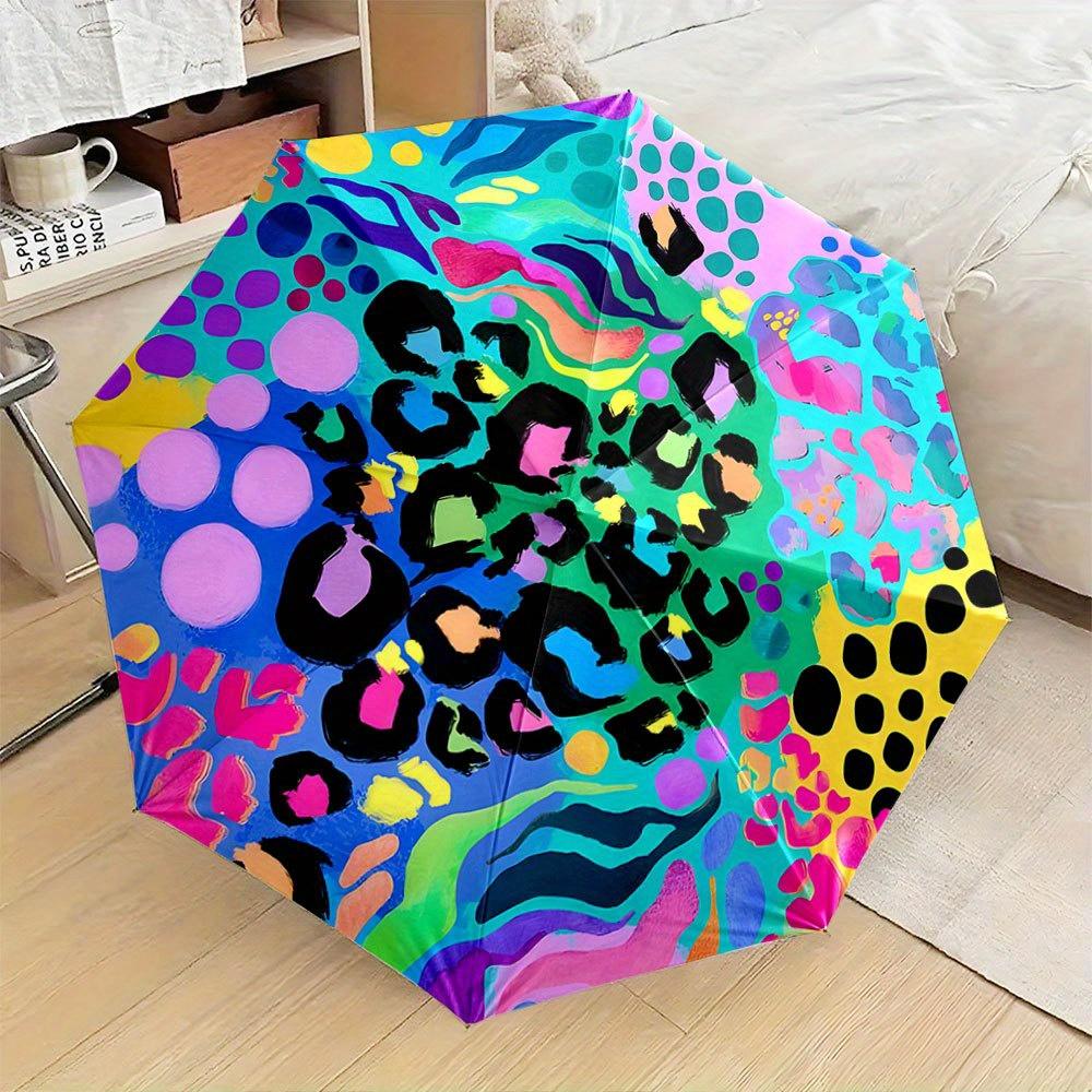 Automatic Open/Close Folding Umbrella with Abstract Leopard Spots, Large Polka Dots & Wavy Lines - Compact Travel Umbrella, Wi Iron&8K