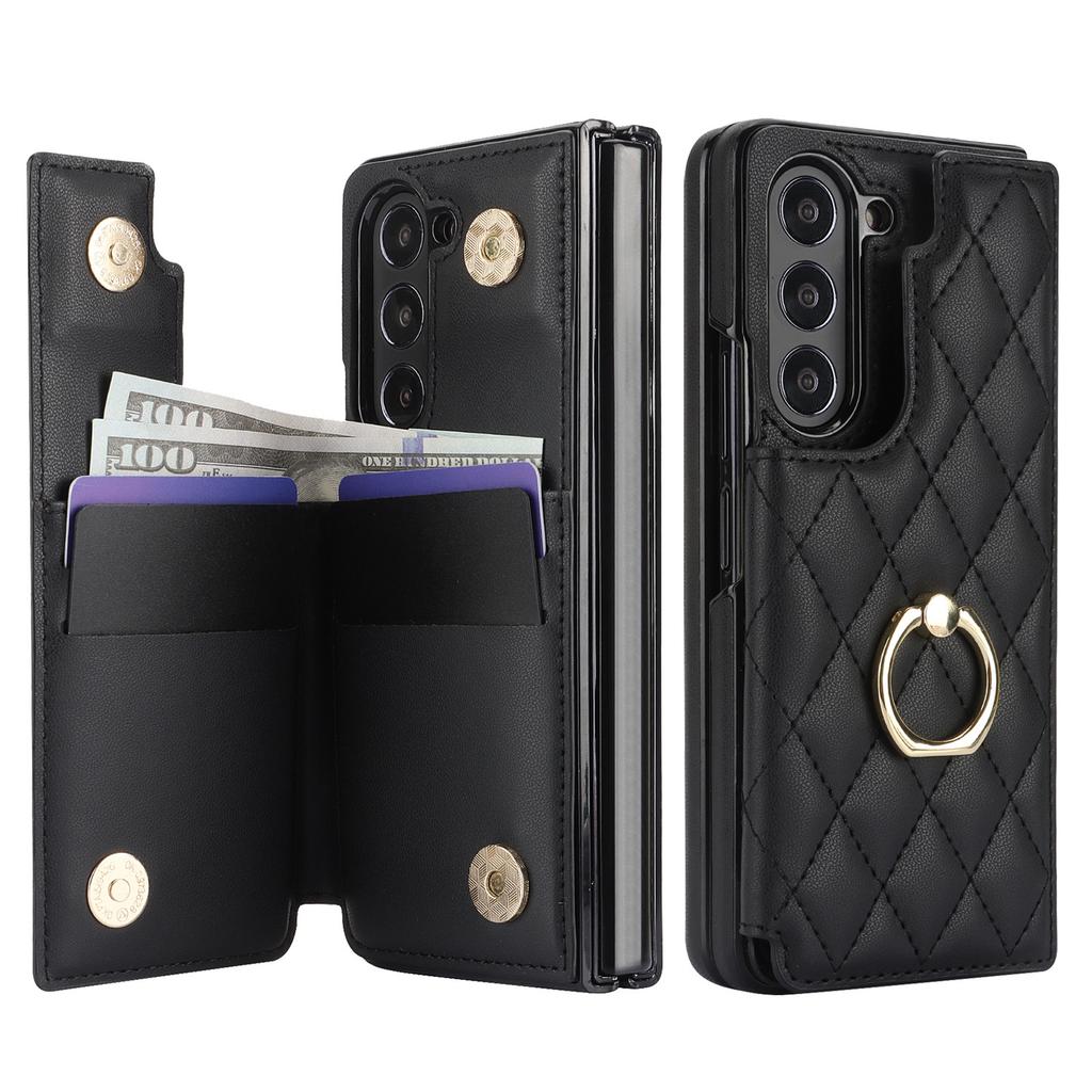 Fold7 Ring+bracket Phone Case for Samsung Galaxy Z fold 7 6 5 4 3 Double Buckle Card Holder Wallet Diamond Grid Pu Leather Cover