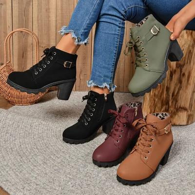 Fashion 2024Women Shoes Women Fashion High Heel Lace Up Ankle Boots Ladies Buckle Platform Artificial Leather Shoes Bota Feminina