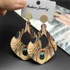 Bohemian Peacock Feather Long Earrings Wooden Earrings Retro Ethnic Style