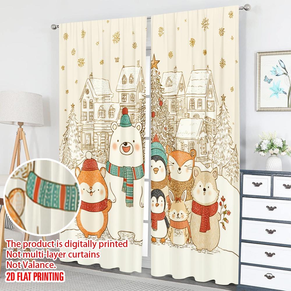 2pcs 2D Flat Printing Happy Christmas Fashion Curtains Cute Christmas Animals Snowflakes Holiday Digital Printed Polyester