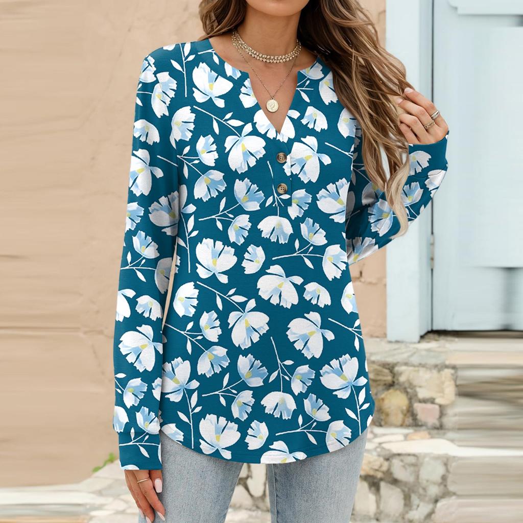 Women's Fashion Casual Floral Print Long Sleeve T-Shirt Pullover Top