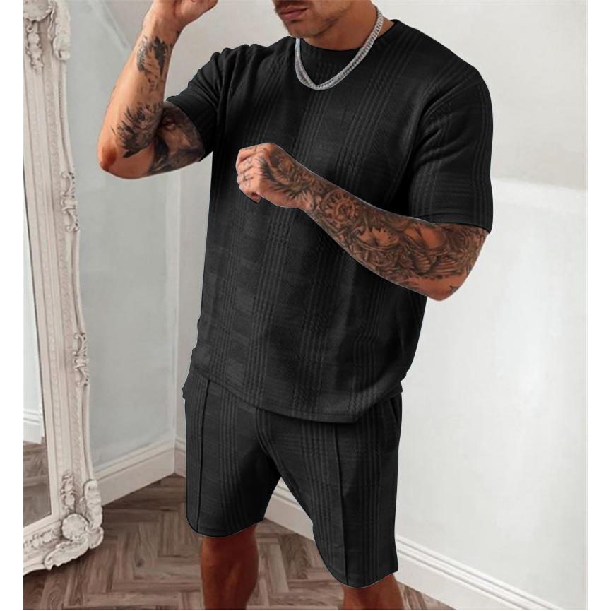 Summer  Tracksuit Men Casual Sports Set Solid Color Plaid Short Sleeved Shorts Sets Mens Fashion 2 Piece Sportswear