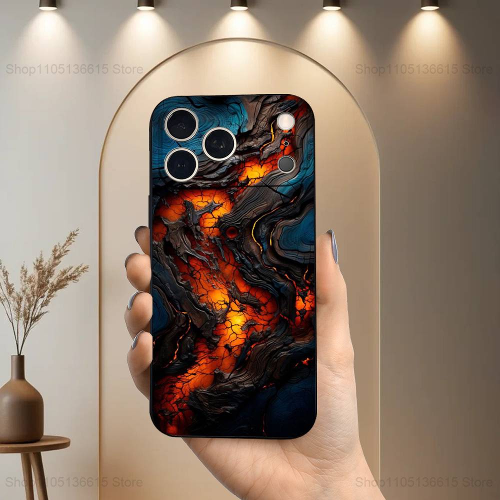 Flame Wood Grain Art Case For iPhone 17,16,15,14,13,12,11 Air,Plus,Pro Max,XS,X,XR,SE,Mini,8,7,Soft Silicone Black Cover