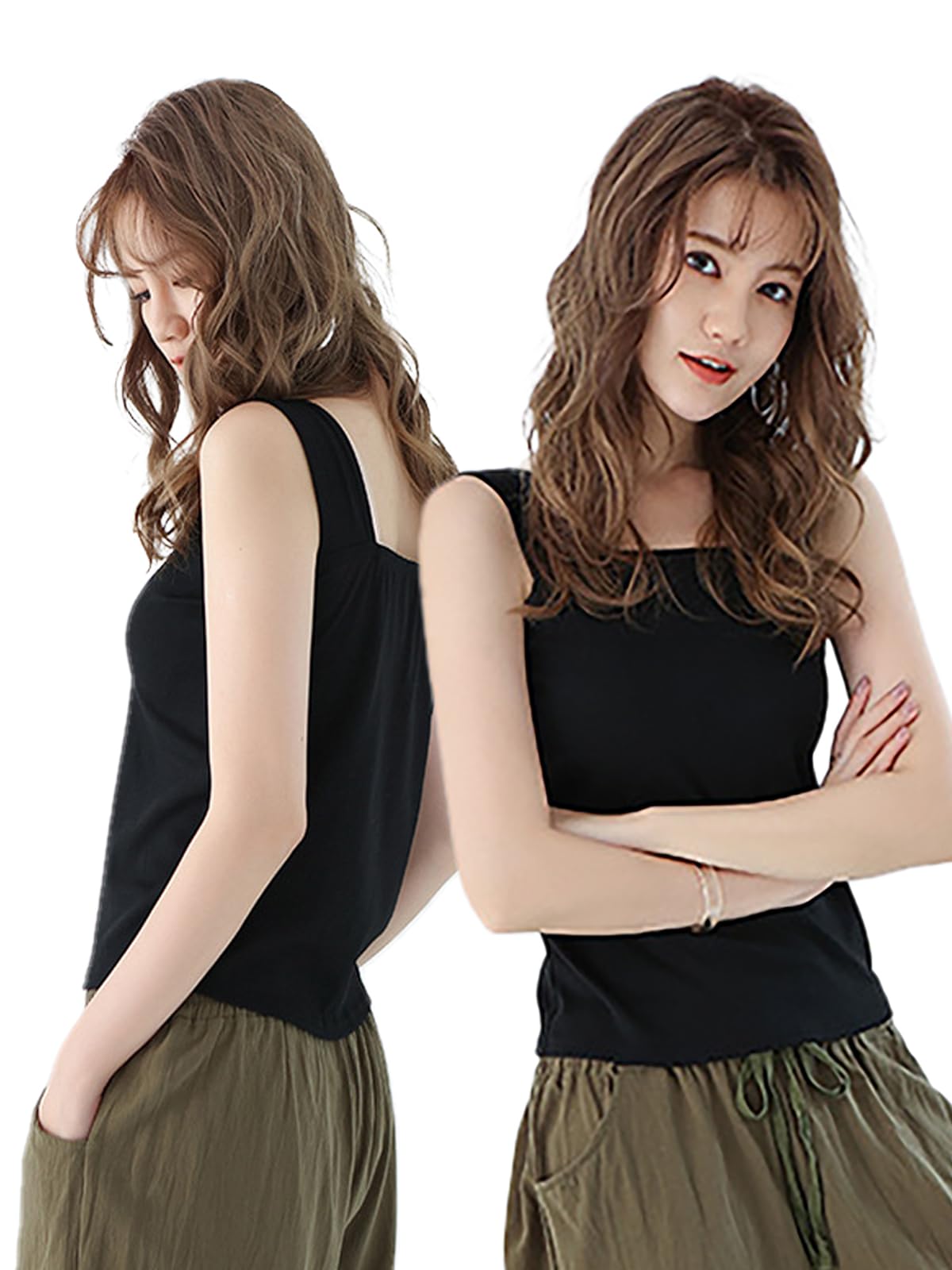 

Майка с бретелями, топ, нижнее белье, без чашек, с вырезом, женская, комплект из 2 предметов (M, Черный, Набор)