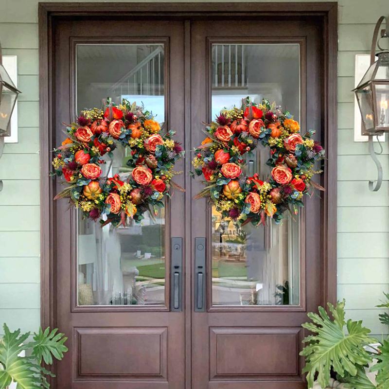 40CM Fall Peony & Pumpkin Wreath Artificial Autumn Garland for Front Door Window Halloween Festival Theme Farmhouse Party Decor