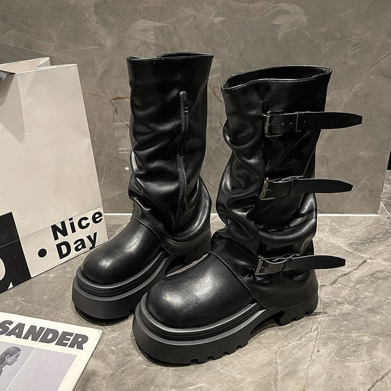 

Thick-soled heightening Martin boots women s 2025 new spring and autumn retro brown Maillard stacking boots medium tube boots 35 чёрный