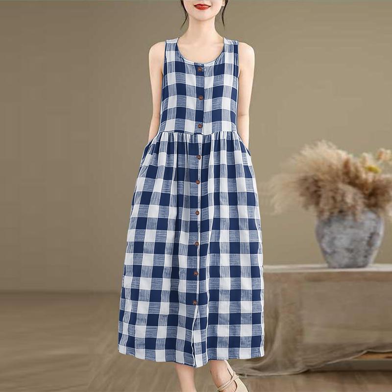 ZANZEA Women Grid Print Loose Casual Sleeveless Dress