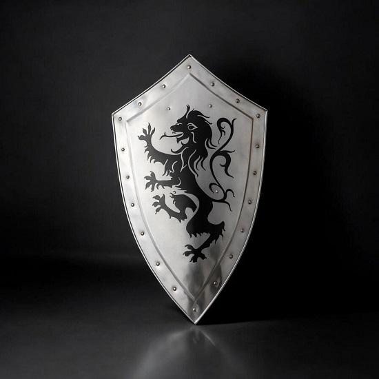 

Handmade Medieval Knight Shield: Etched Black Lion, Cosplay Prop