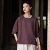 Vintage Women T-Shirts O-Neck Half Sleeve Patchwork Button Autumn Solid Color Loose Casual T-Shirt