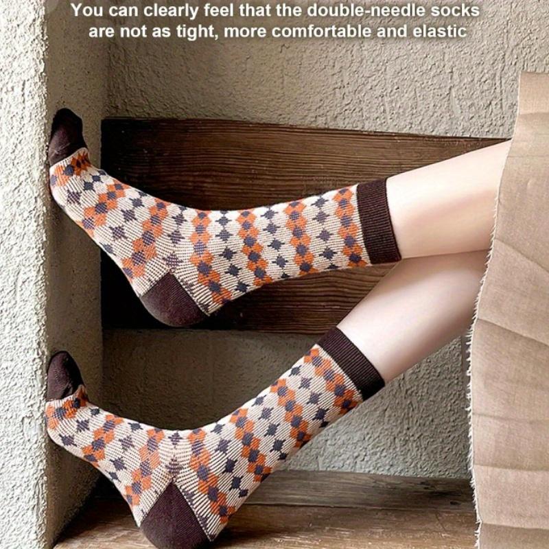 5 Pairs Soft Cozy Argyle Patterned Crew Socks | Vintage-Inspired Mid-Calf Socks In Blue, Orange, Beige & Brown, Perfect for Autumn and Winter Gifts