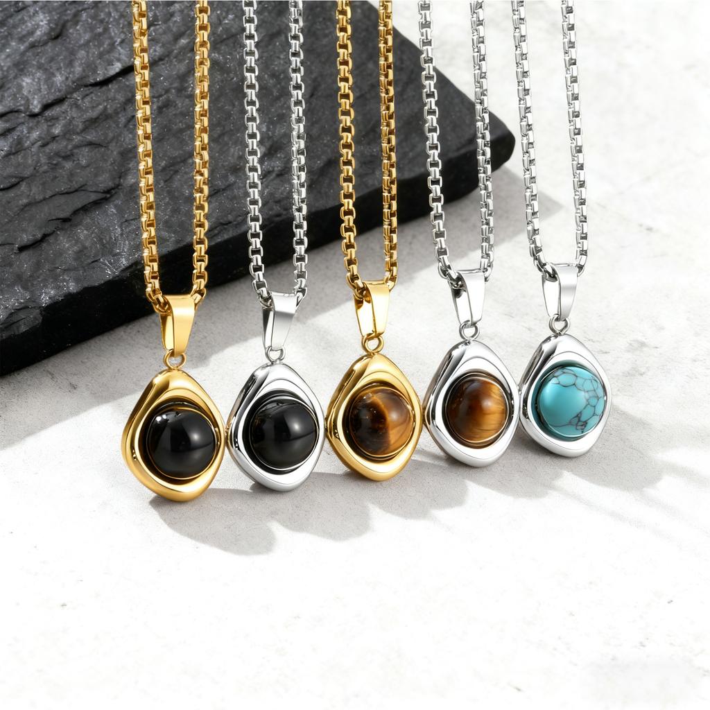 Casual Men's Pendant Necklace,Stainless Steel Turquoise Natural Stone Healing Necklace,Gift for Husband Dad Son BBF