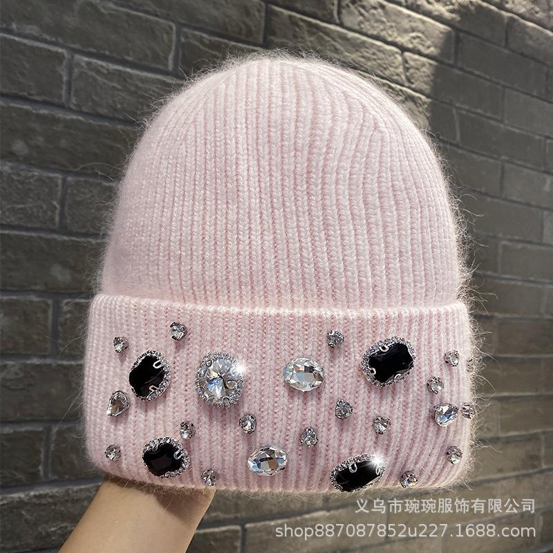 Trendy Fashion Rhinestone Wool Hat Women's Group Style Versatile Pullover Cold Hat Autumn and Winter Warm and Cold-proof Knitted Hat