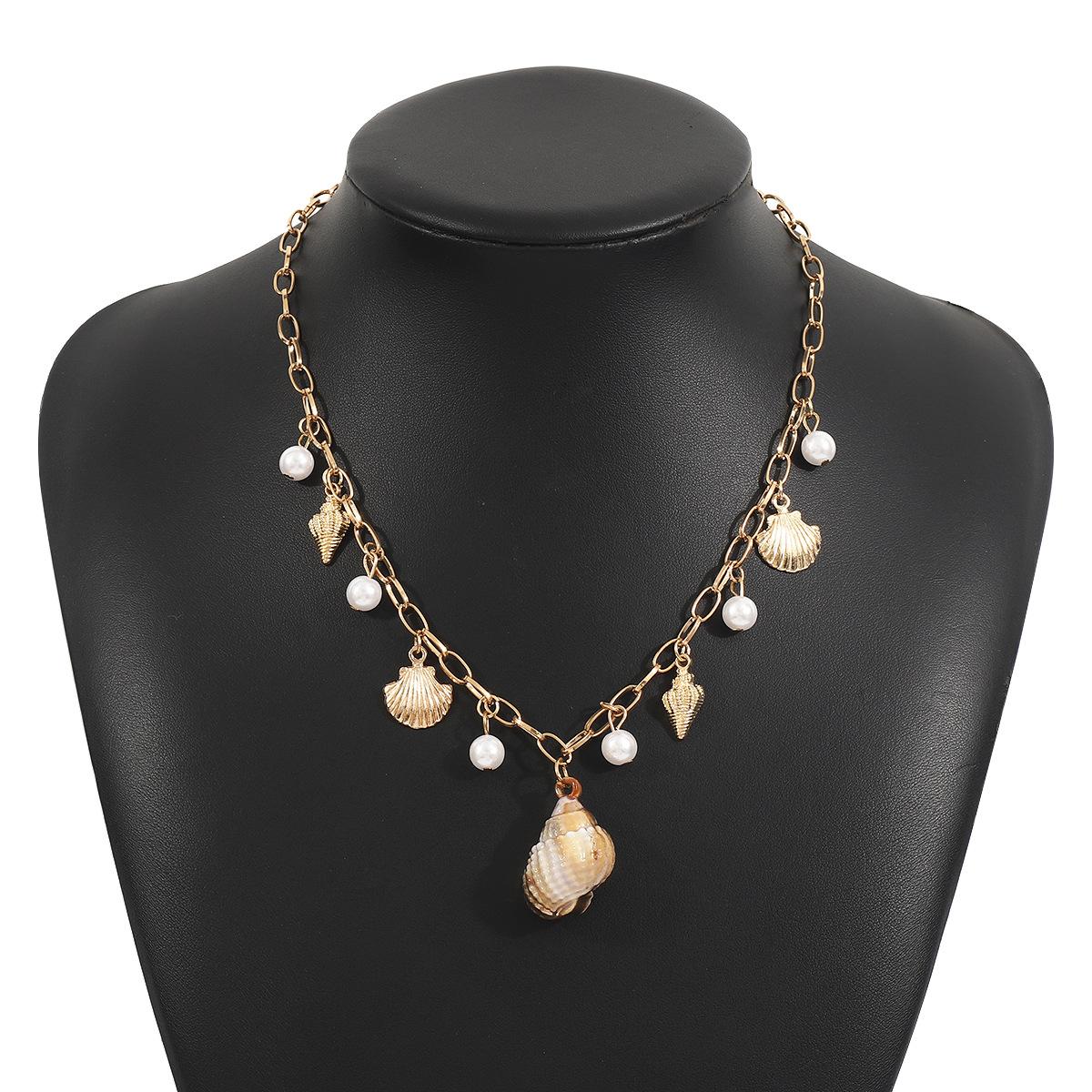

Summer Ocean Elements Pearl Tassel Necklace, Seaside Beach Conch Starfish Shell Necklace