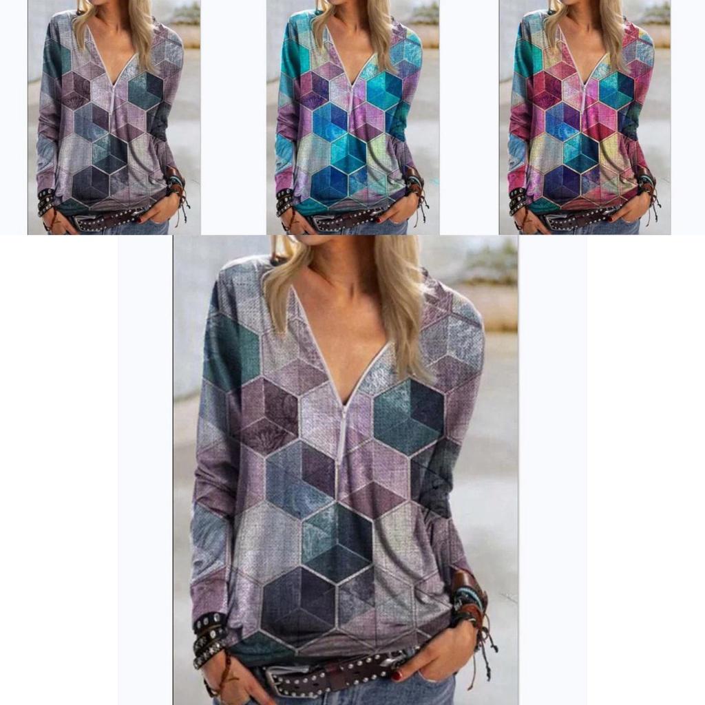 Elegant Ladies Print Pullover Blouse Shirt With V Neck And Zipper For Casual Wear