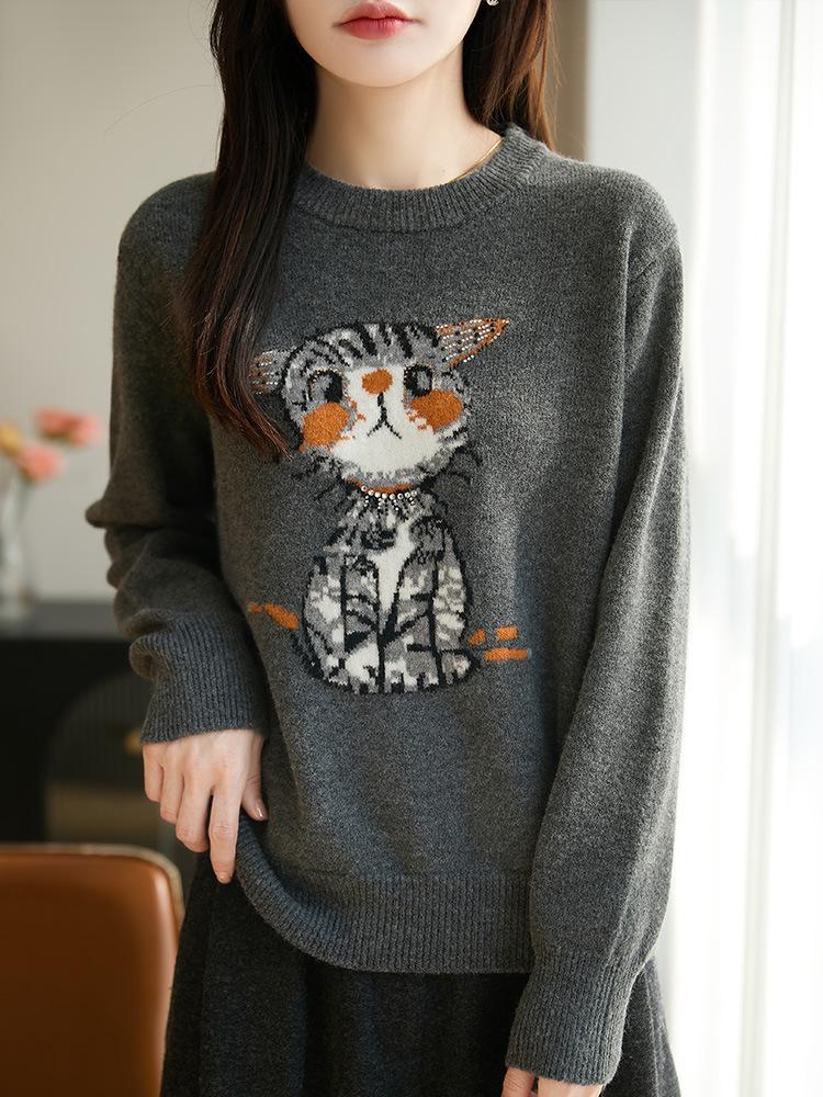 Women's Cute Cat Jacquard Sweater - Autumn/Winter, Slimming, Age-Reducing, Round Neck, Loose Fit Knit Top