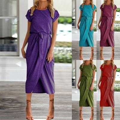 Damen Sommerkleid Rundhals ärmellos A-Linie Kleid Saum Gürtel Swing Strandkleider