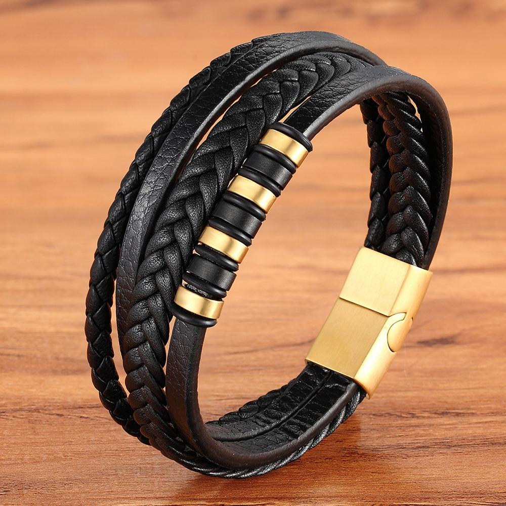 MenneM Multi Layered Stainless Steel Wrap Bracelet Men Women Black Wrist Band Custom Name Gold Plated Geometric Charm Trendy