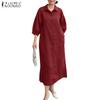 ZANZEA Women Casual Turn Down Collar Loose 3/4 Sleeve Solid Shirt Dress